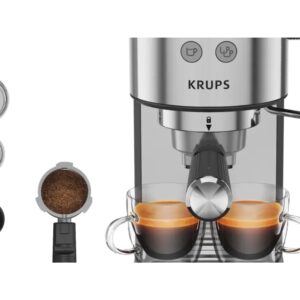 Cafetera Express - Krups XP444C, 15 bar, 1400 W, Thermoblock, Acero Inoxidable, para Espresso y Cappuccino