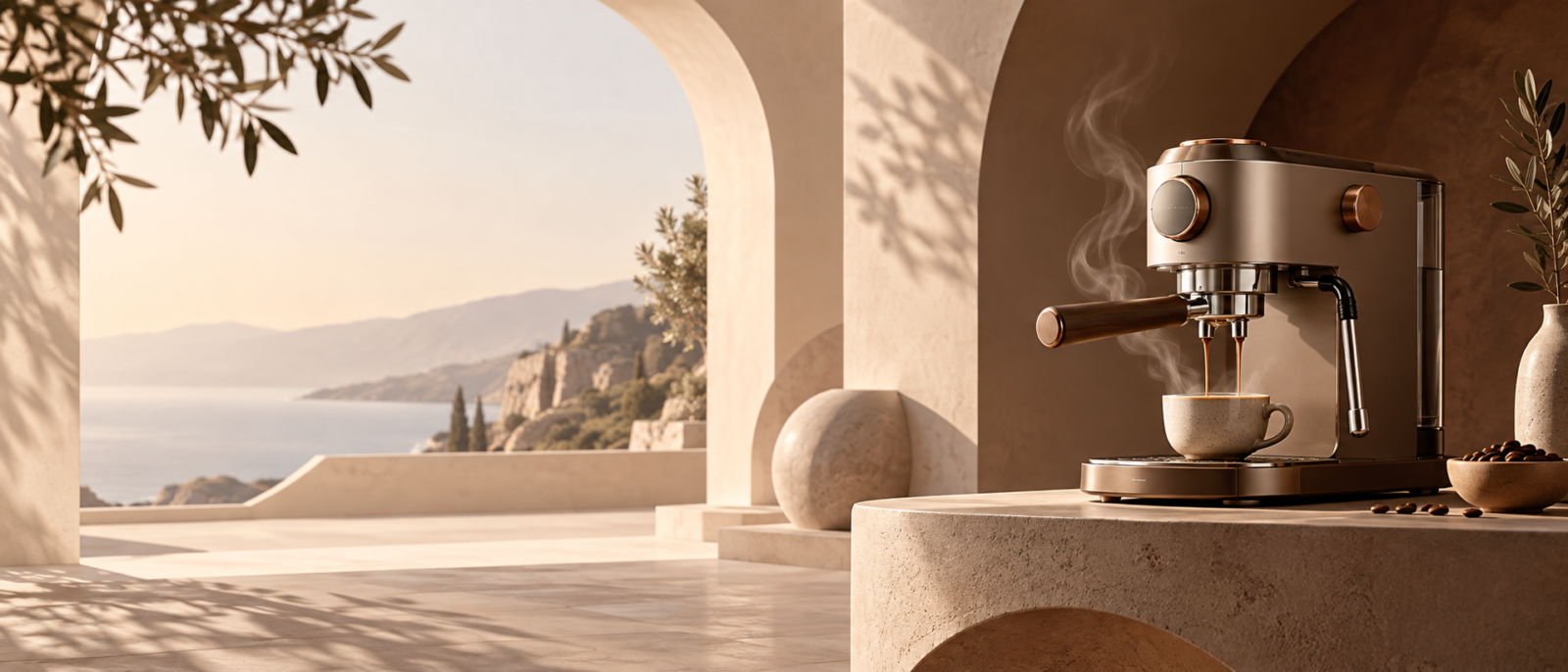 Cafetera espresso en una composición arquitectónica de tonos cálidos