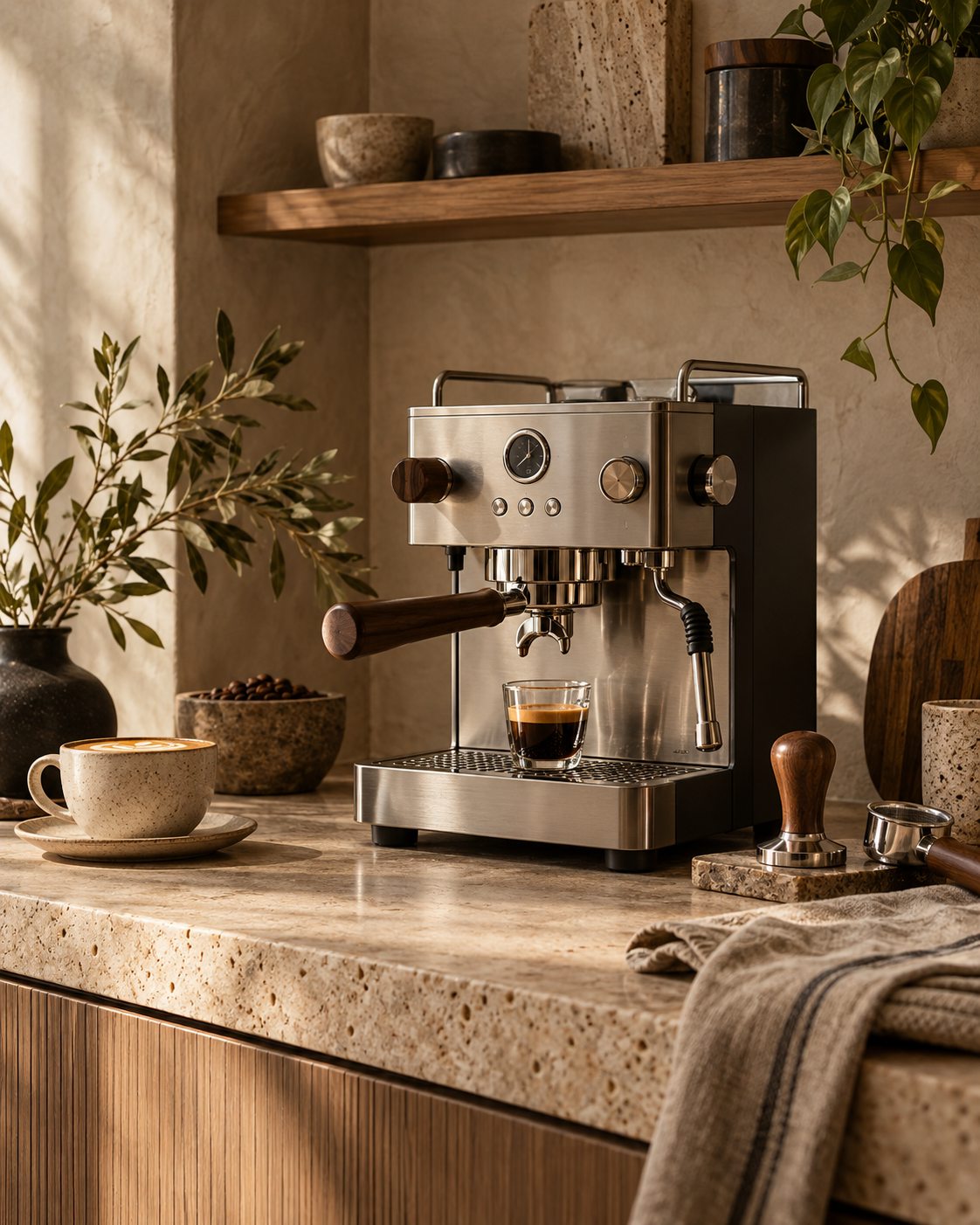 Cafetera espresso con accesorios sobre una encimera de piedra